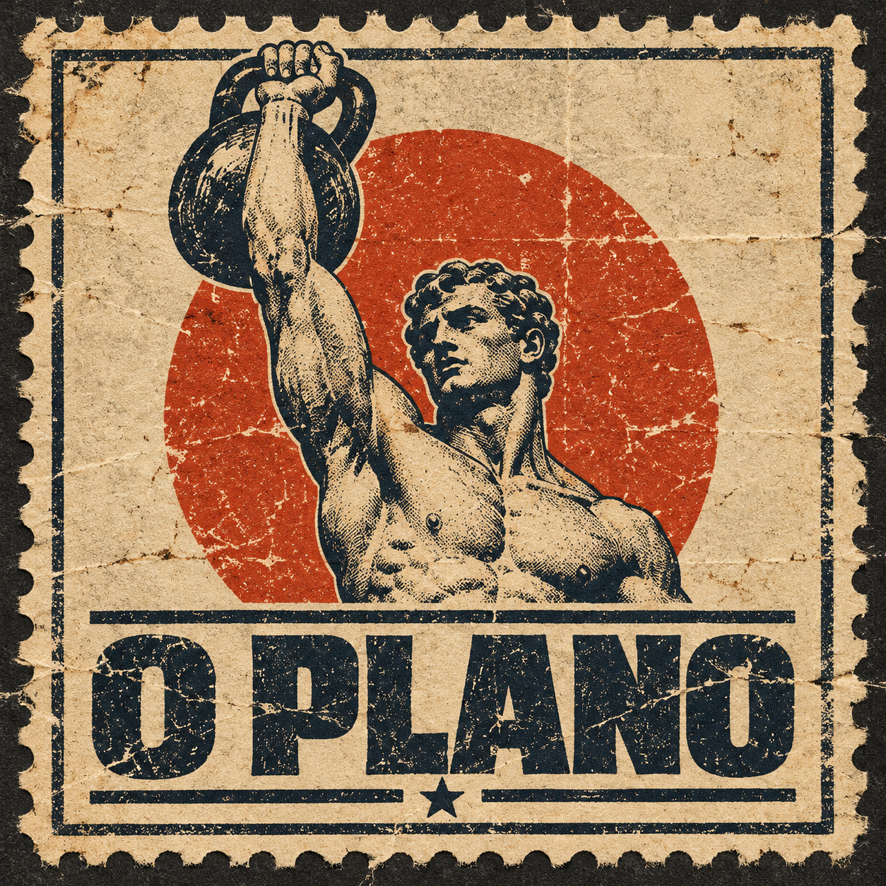 Logo oficial O PLANO: atleta levantando kettlebell em pôster vintage